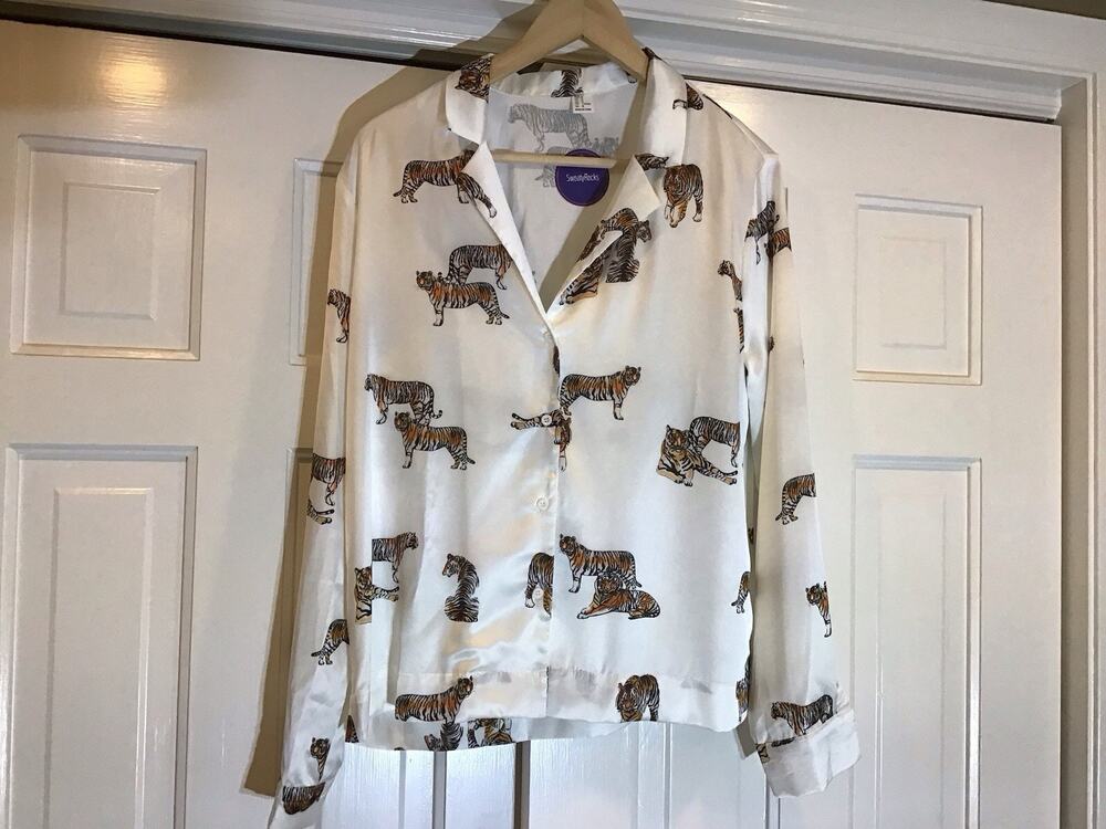 NWT White Satin Tiger Print Shirt Women Sz M Indie Money Quiet Luxury Artsy Edgy